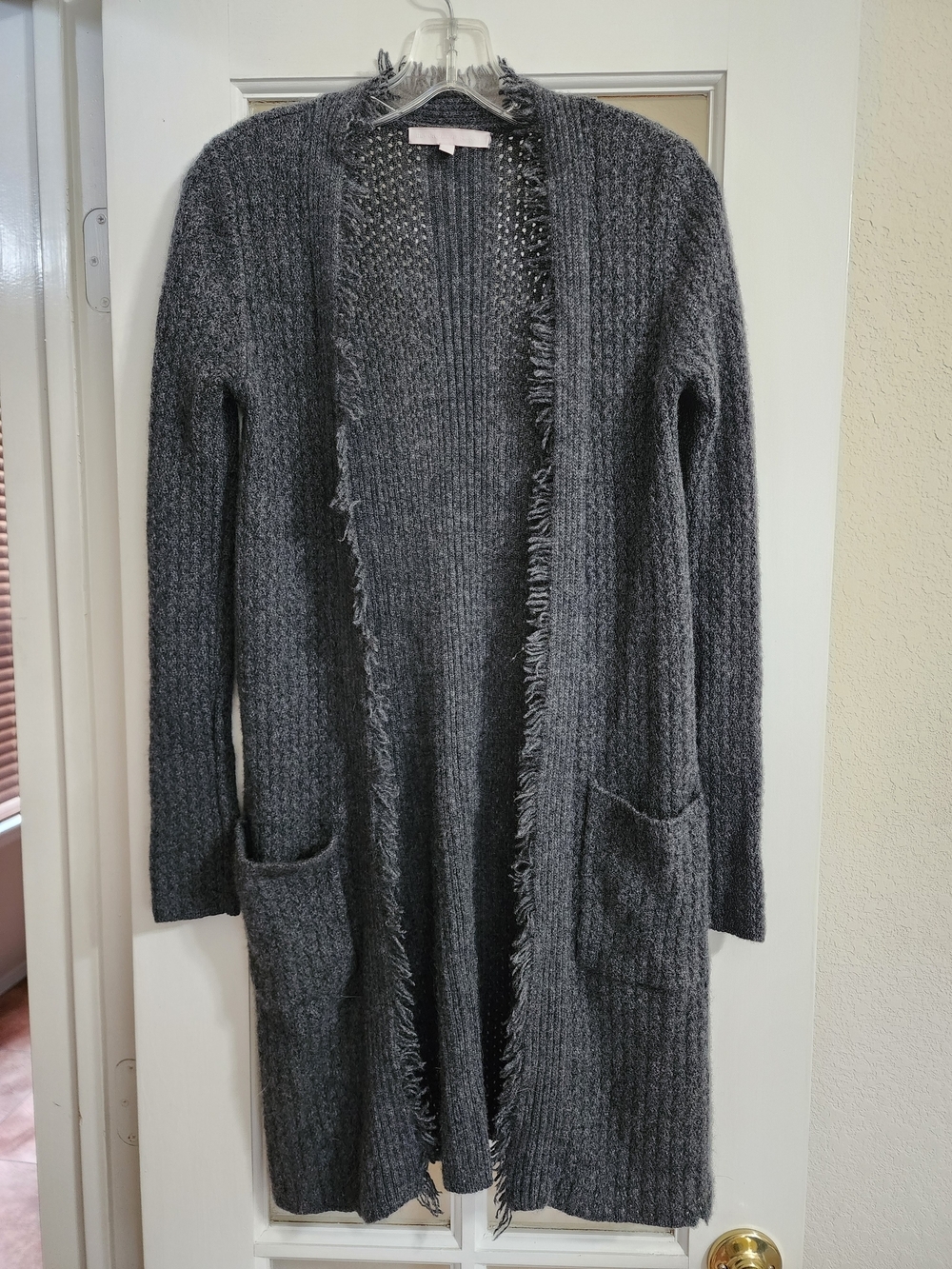 The Cashmere Project XS 100% Cashmere Fringe Duster Cardigan Gray FLAWS AS IS